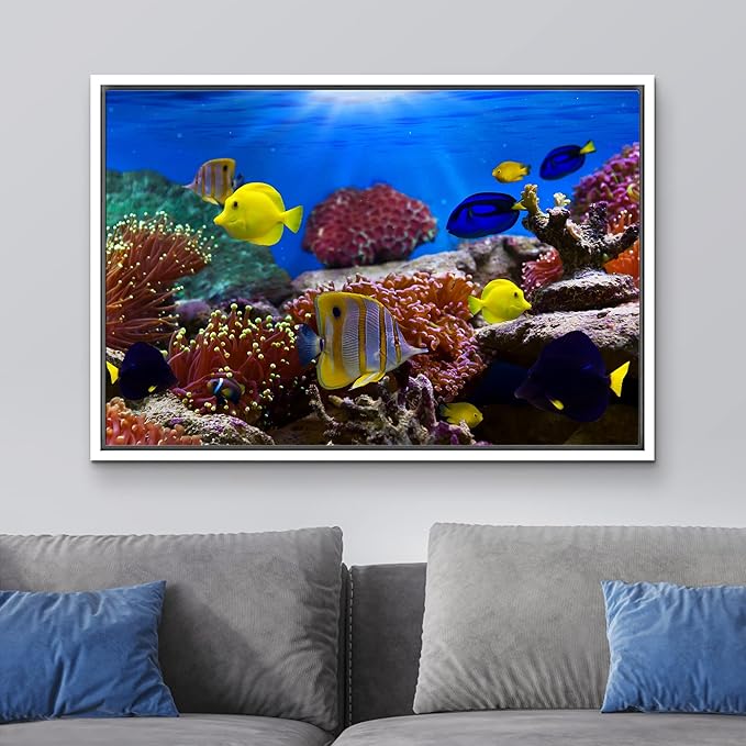 wall26 Framed Canvas Wall Art - Coral Reef and Tropical Fish Under The Ocean | Modern Home Art Framed Canvas Prints Gallery Wrap Giclee Printing & Ready to Hang - 16"x24" White