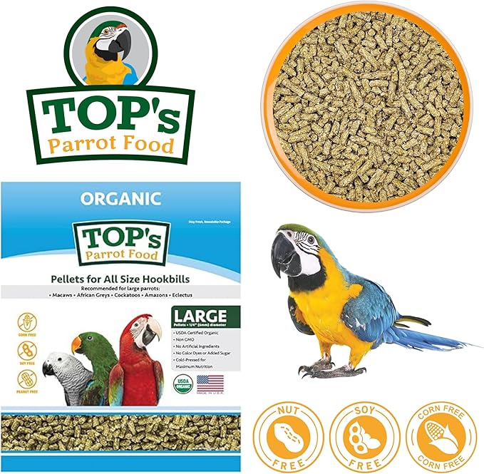TOP's Parrot Food Pellets Hookbills, Small, Medium and Large Parrots - Non-GMO, Peanut Soy & Corn Free, USDA Organic Certified - 4 lb / 1.81 kg