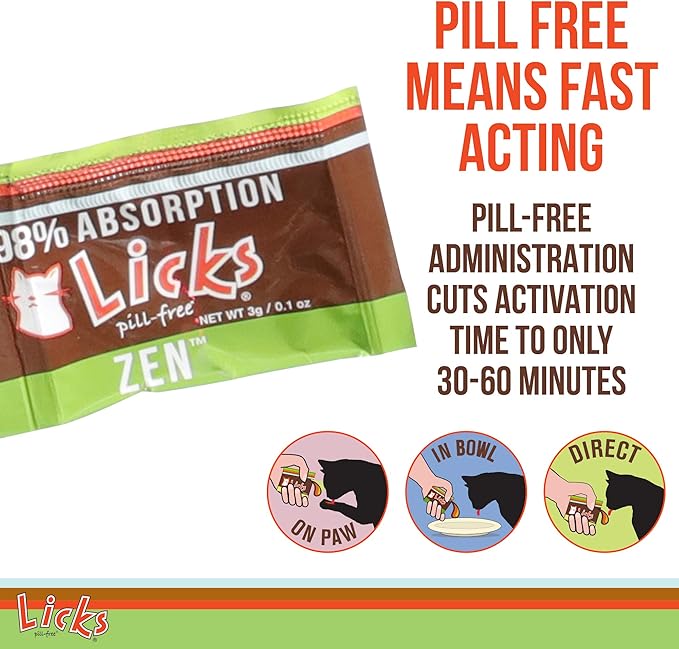 Licks Pill-Free Zen Cat Calming - Natural Calming Aid for Aggressive Behavior & Nervousness - Cat Treats for Stress Relief & Health - Gel Packets - 30 Use