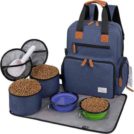 Modoker Dog Travel Bag - Airline Approved Backpack for Pet Accessories Organizer, Tote Weekend Bag with 2 Dog Food Containers, 2 Collapsible Bowls, 1 Pet Mat, Blue