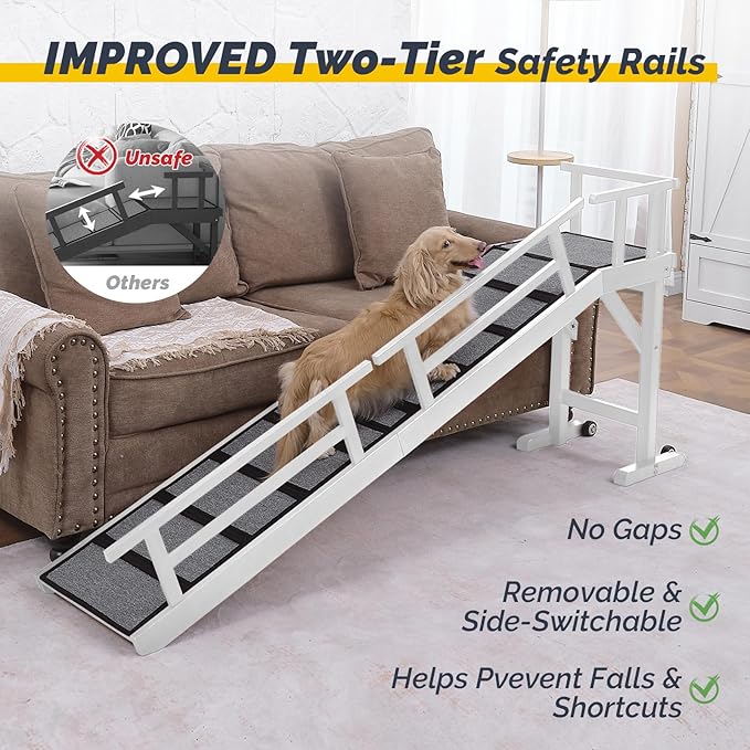 Dog Ramp for Bed or Couch, Wooden Pet Ramp with 20° Gentle Slope, Removable Side Rails, Non-Slip Surface, Top Platform & Wheels, Safe Bed Ramp for Small, Medium & Senior Dogs, 74" Long, White