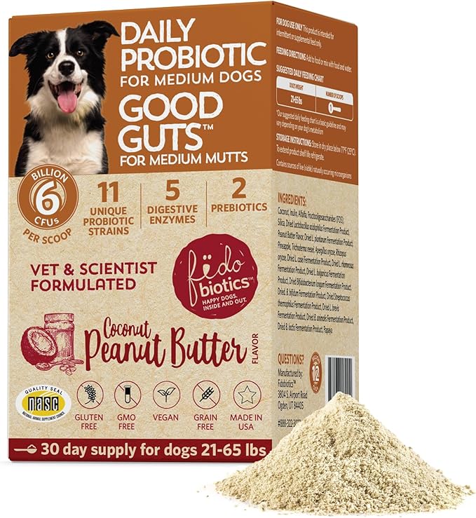 Fidobiotics Good Guts for Medium Mutts Probiotic for Dogs, 6 Billion CFUs, 11 Strains, 5 Digestive Enzymes, 2 Prebiotics, Digestive Gut Health for Dogs, Adult & Puppy Probiotics Supplements (30 Days)