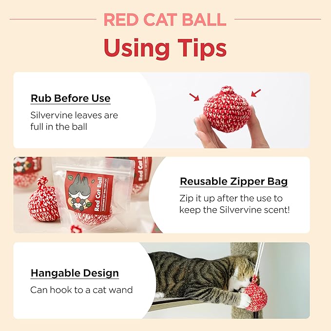JAYU PET Red Cat Ball [W/Bell Version] - Handmade Silvervine Cat Toy with Catnip, Interactive Matatabi Ball for Indoor Cats & Kittens, Feline Play Toy & Gift (2.7 inch)