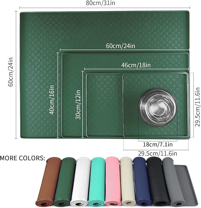 Ptlom Pet Placemat for Dog and Cat, Waterproof Silicone Pet Feeding Bowl Mats for Food and Water, Small Medium Large Dogs Mat Prevent Residues from Spilling to Floor, Hunter Green, 24.5" 16.5"