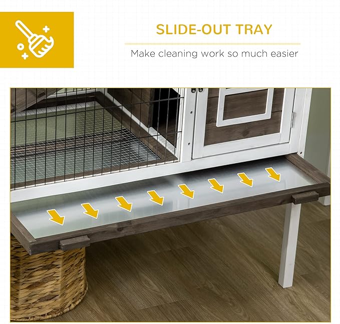 PawHut Wooden Rabbit Hutch, Indoor Elevated Guinea Pig Cage with Run, Ladder, Lockable Doors and Removable Tray, Coffee