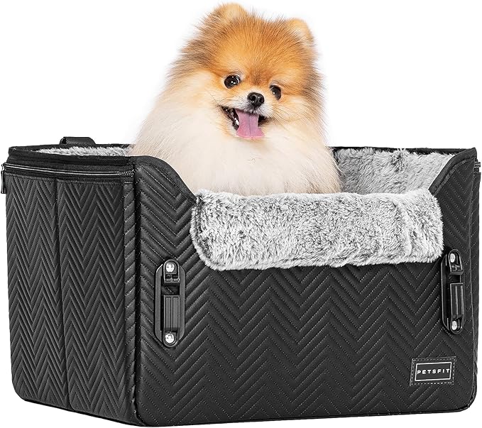 PETSFIT Small Dog Car Seat, Waterproof PU Leather Dog Carseat with Patent Safe Buckles, Clip-On Leash, Car Seat for Dogs, Cats Up to 25 lbs (Glossy Black)