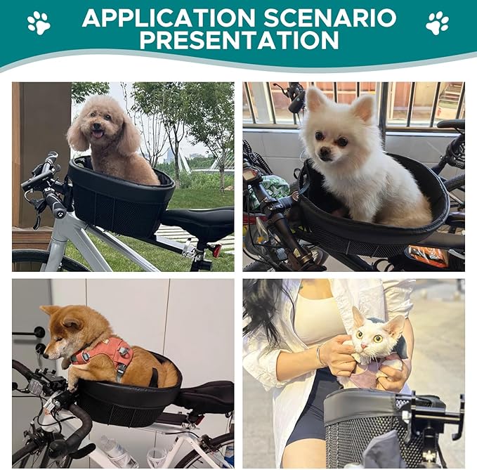Dog Bike Basket Mountain Bike Shopping Basket Portable Cat and Dog Carrier for Bike Front Crossbar with Sponge Liner ty Strap (Black)