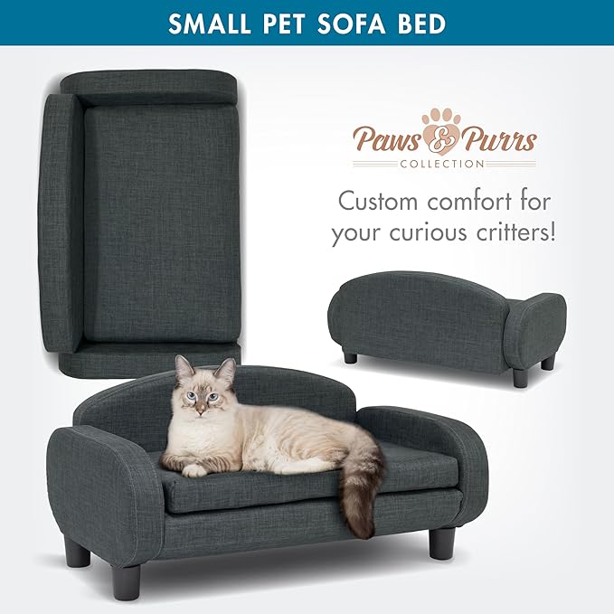 Paws & Purrs Cat Sofa Bed, Pet Couch for Indoor Cats Elevated Cat Beds with Removable Washable Mattress Cover for Kitten, Puppy or Small Animal- 31.5" Wide, Gray