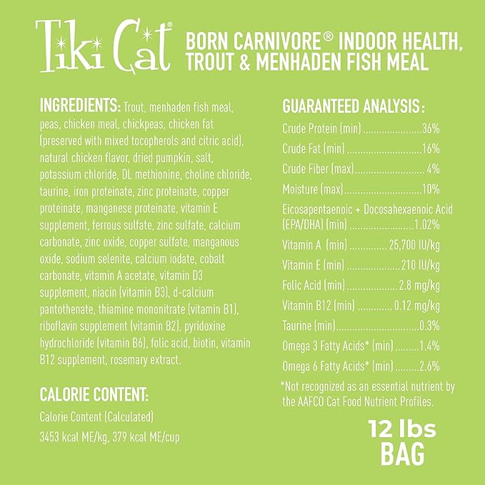 Tiki Cat Born Carnivore Indoor Health Dry Cat Food, Trout & Menhaden Fish Meal, 12 lbs. Bag