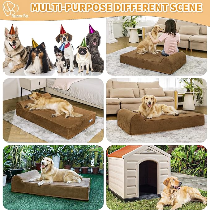Orthopedic Dog Beds for Large Dogs, 7" Memory Foam Dog Beds with Waterproof Liner, Chew Proof Microsuede Cover, Removable and Washable, Nonskid Bottom, 52"x36" XL Brown