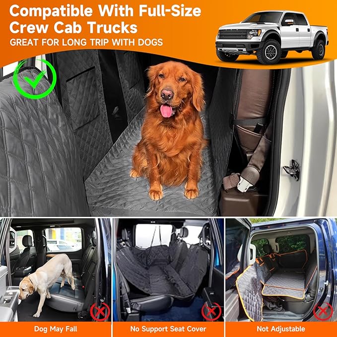 XL Dog Truck Seat Cover with Car Door Protector, for Trucks with Flip Up Rear Seats, Waterproof Full Coverage Dog Seat Cover for Full Size Crew Cab Trucks F150 F250