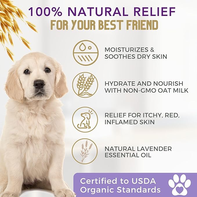 All Natural Organic Oatmeal Dog Shampoo for Itchy Skin with Aloe, Coconut & Lavender Essential Oil, Hypoallergenic, Moisturizing for Normal, Dry, Itchy, or Sensitive Skin, USA Made, 16 oz