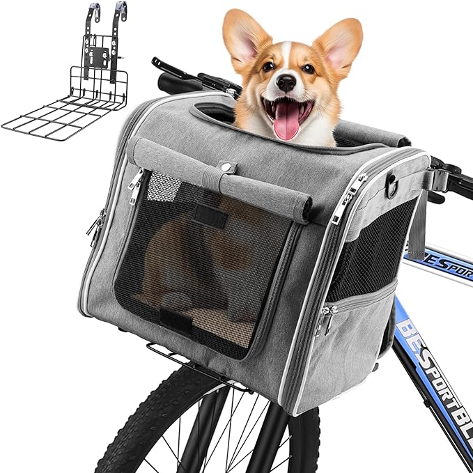 Xixter Dog Basket for Bike, Suitable for Small & Medium Pet Up to 7 kg, Foldable 4-in-1 Pet Bike Basket, Crossbody, Shoulder and Car Seat, with Sturdy Bracket and 4 Mesh Windows, Gray