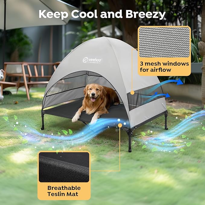 Veehoo Outdoor Dog Bed with Canopy, Cooling Elevated Pet Cot with Removable Shade, Non-Slip Feet, Raised Dog Cot for Large Dogs, Pet Tent Bed for Camping, Beach, XLarge, Black + Grey, CWC2411