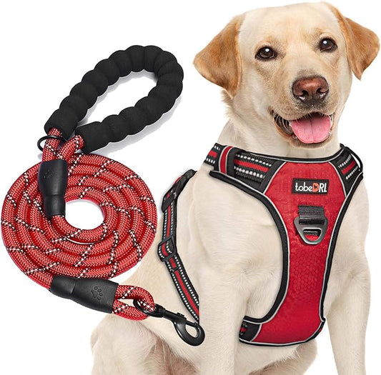 No Pull Dog Harness Adjustable Reflective Oxford Easy Control Medium Large Dog Harness with A Free Heavy Duty 5ft Dog Leash (XL (Neck: 21.5"-33", Chest: 30"-39.5"), Red Harness+Leash)