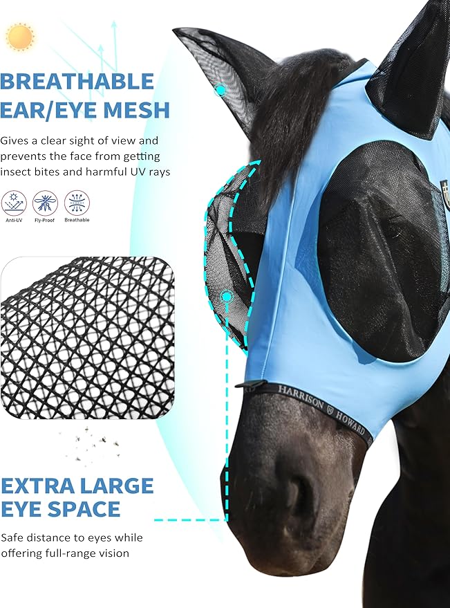 Harrison Howard Horse Fly Mask with Forelock Opening Stretch Breathable and Comfortable for Horses UV -Protection Ice Blue M