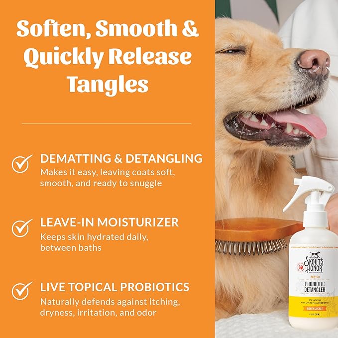 Skout's Honor Pet Detangler Spray - Hydrating & Conditioning with Avocado Oil & Probiotics, 97% Natural, Paraben & Sulfate-Free, softens for a More brushable Coat, Daily Use, 8oz, Honeysuckle, 2-Pack