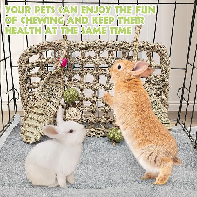 Hamiledyi Rabbit Seagrass Mat Hanging Bunny Chew Toys for Teeth Rabbit Enrichment Activity Mat Small Animal Toys for Guinea Pigs Chinchillas Gerbils Birds