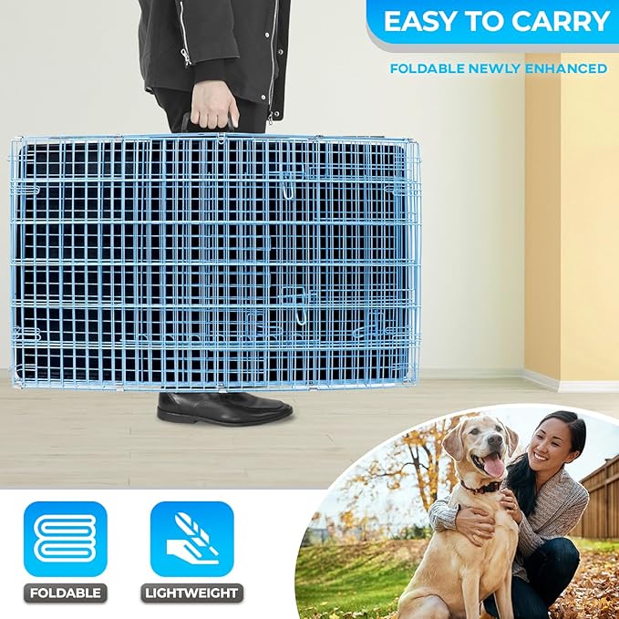 FDW Dog Crate for Large Dogs 42 Inch Folding Metal WirePet Cage Double Door W/Divider Panel Indoor Outdoor Kennel Leak-Proof Plastic Tray,Blue