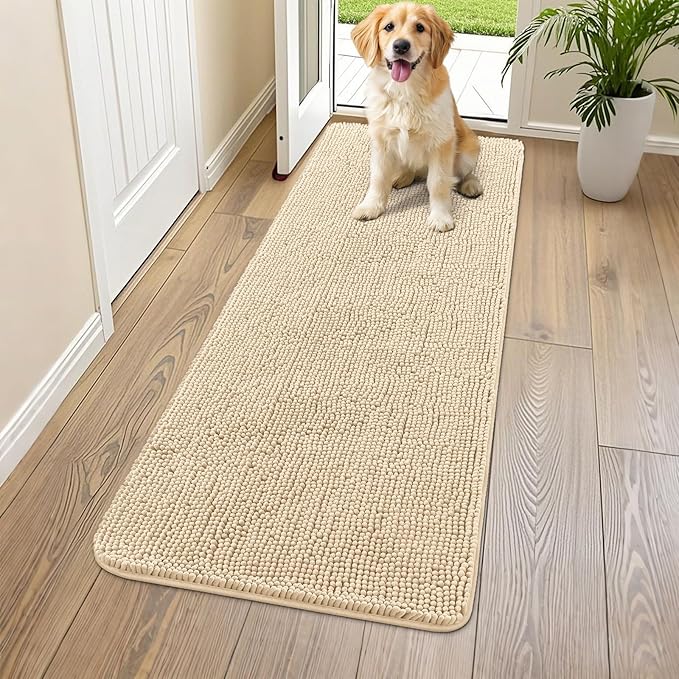 Smiry Dog Door Mat for Muddy Paws 59x24, Absorbs Moisture and Dirt Doormat, Non-Slip Washable Quick Dry Chenille Front Door Mat Indoor Entrance, Entryway Carpet for Inside Floor, Beige