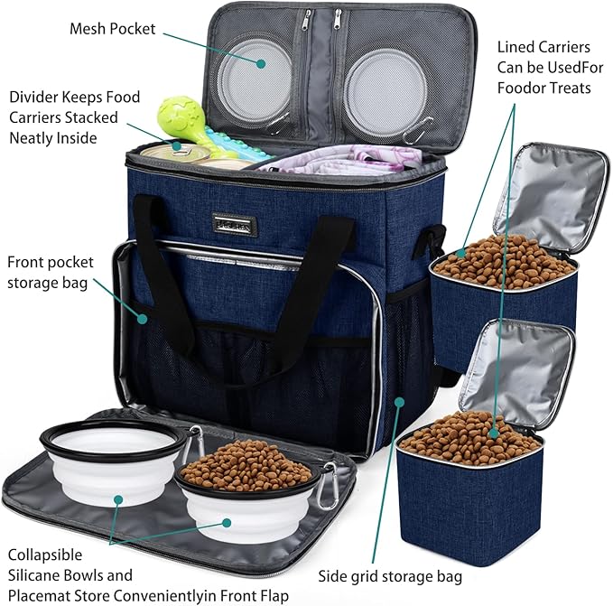 BAGLHER Dog Travel Bag, Pet Travel Bag (ALL Pet Travel Supplies), With 2 Pet Food Containers and 2 Collapsible Silicone Bowls; Essential Kits for Pet Travel Dark Blue