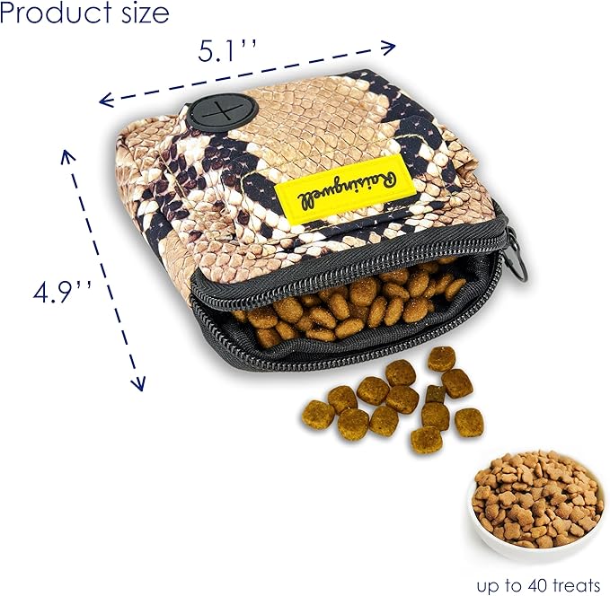 Dog Treat Pouch for Pet Walking and Training with Clicker Poop Bags and Double Bag Design Small Fanny Zipper Pack Holder for Puppy Snack Dispenser Kit for Leash and Outdoor Use Snake Skin