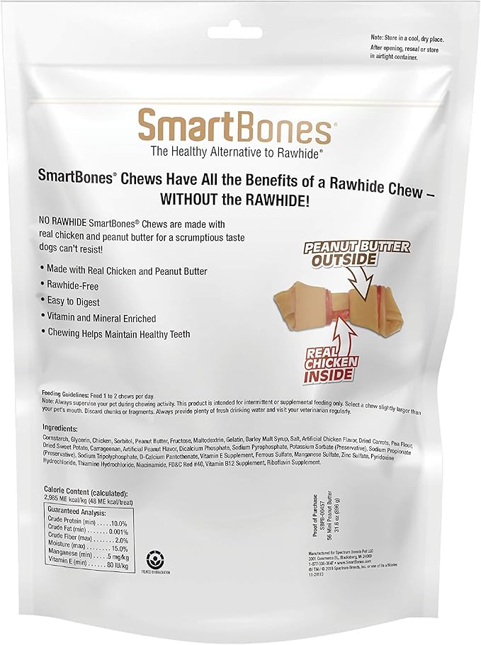 SmartBones Mini Bones With Real Peanut Butter 56 Count, Rawhide-Free Chews For Dogs