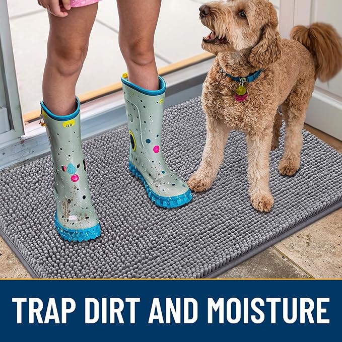 Smiry Dog Door Mat for Muddy Paws 45x27, Absorbs Moisture and Dirt Doormat, Non-Slip Washable Quick Dry Chenille Front Door Mat Indoor Entrance, Entryway Carpet for Inside Floor, Grey