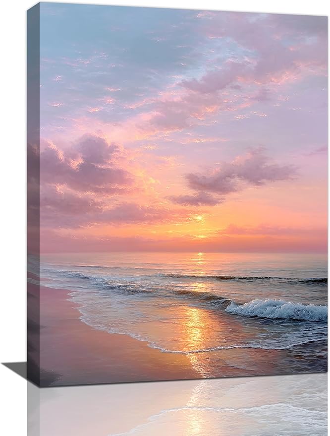 Beach Sunset Wall Art Ocean Coastal Scenery Wall Decor Seascape Picture Canvas Landscape Painting Print Framed Artwork Decorations for Living Room Office Bedroom Kitchen 12"x16"