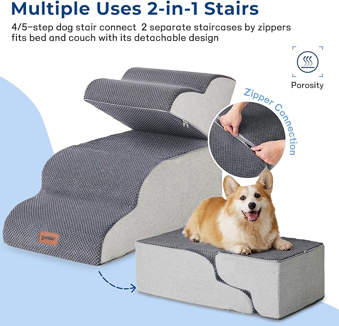 Dog Stairs Ramp for Bed 19.7" H - Pet Stairs for Small to Medium Dogs to Get on Bed and Couch, 35D Foam Dog Steps with Non-Slip Bottom Grey, 4 Steps