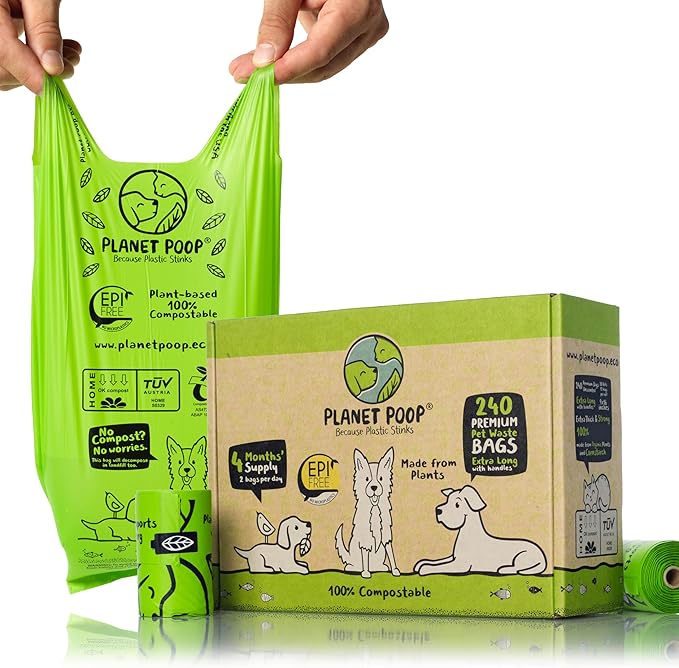PLANET POOP Home Compostable Dog Poop Bags Extra-long with Handles 240 Un-Scented Pet Waste Bags Plastic Free, Thick Leakproof Plant-Based Doggy Bag, Cats & Dogs Pet Supplies
