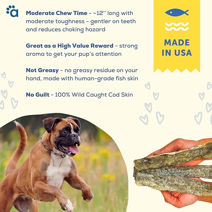 A Better CHEW – Wild Caught Cod Skin Dog Treats | Sourced and Made in The USA, Single Ingredient, Dehydrated | Natural, Healthy Alternative to Rawhides + Bully Sticks, Long Lasting Chew