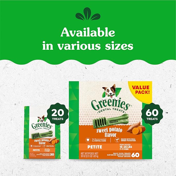Greenies Petite Dental Dog Treats, Sweet Potato Flavor, 36 oz. Pack (60 Treats)