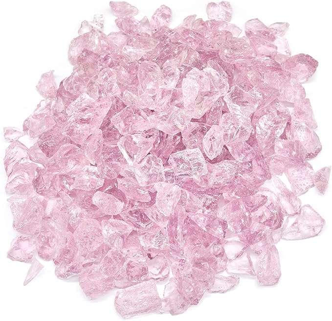 TWINKLING High Luster Fire Glass Gravel Stone,Broken Glass,Fire Pit Glass,Crushed Glass for Fireplace Pit Aquarium Garden Decoration,1-3cm,2-Pound Jar (Pink)