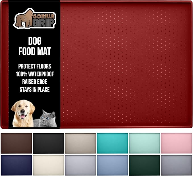GORILLA GRIP 100% Waterproof Raised Edge BPA Free Silicone Pet Feeding Mat, Dog Cat Food Mats Contain Spills Protects Floors, Placemats for Cats and Dogs Water Bowl, Pets Accessories 23x15 Red