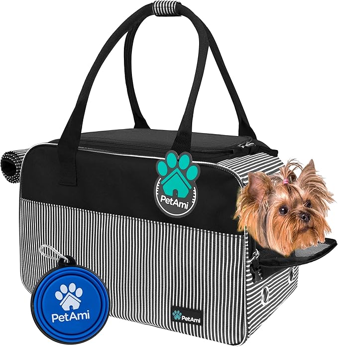 PetAmi Dog Purse Carrier for Small Dogs, Airline Approved Soft Sided Pet Carrier with Pockets, Ventilated Dog Carrying Bag for Puppy Cat, Dog Travel Supplies Bag, Sherpa Bed, Max 12 lbs, Stripe Black
