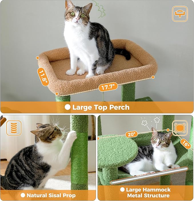 PETEPELA 56.3'' Tall Cat Tree for Indoor Cats, Cactus Cat Tower with Super Large Hammock (20''X16''), Sisal Covered Scratching Posts, Cozy Condo and Top Perch Green