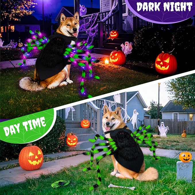 Dog Halloween Costume Large Breed, Furry Dog Spider Costume with 64 LED, Funny Halloween Dogs Costumes for Large Dogs Medium Pet Halloween Party Cosplay (Green)