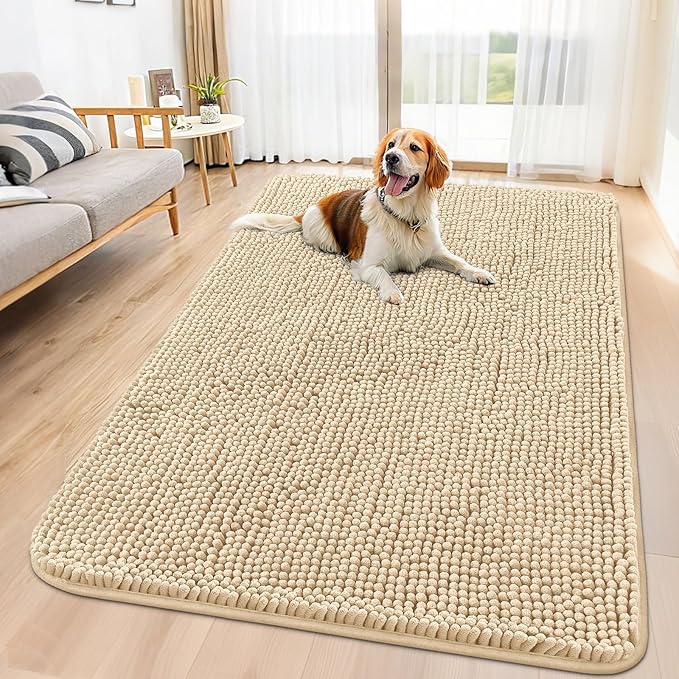 Smiry Dog Door Mat for Muddy Paws 59x35, Absorbs Moisture and Dirt Doormat, Non-Slip Washable Quick Dry Chenille Front Door Mat Indoor Entrance, Entryway Carpet for Inside Floor, Beige