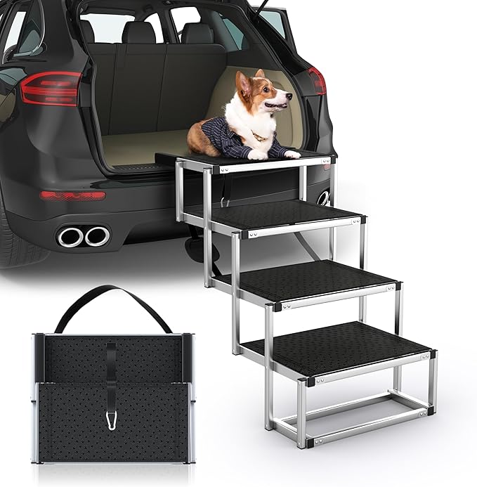 Dog Stairs for Car, Foldable Dog Ramp for Car with Non-Slip Surface, Portable Stairs Aluminum SUV, High Beds, Truck, Supports up to 150 lbs, 4 Steps