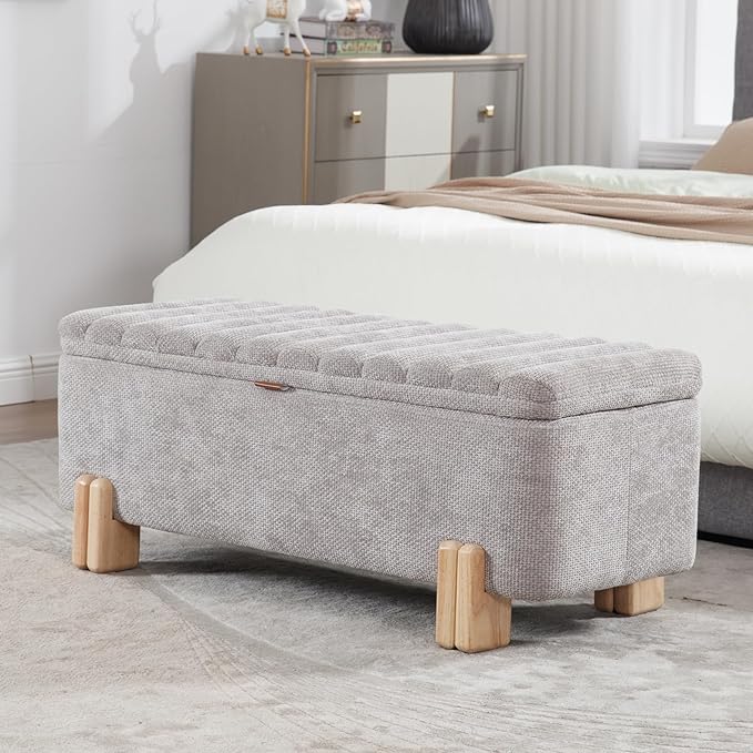 Kmax 45" Storage Bench Velvet Entryway Bench Upholstered Ottoman Bench with Wavy Top & Safty Hinge for Bedroom Living Room Hallway, Grey