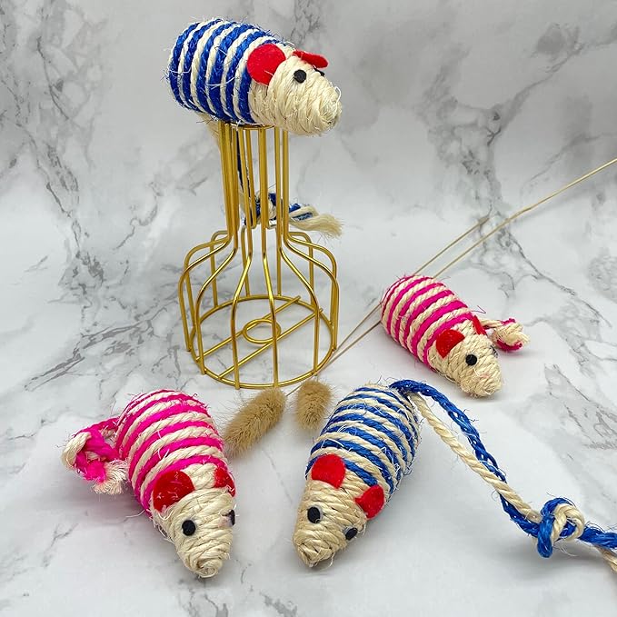 LUOZZY 4Pcs Cat Mouse Toys Adorable Sisal Mice Toys Kitten Chewing Toy Funny Indoor Animal Shape Props Pet Supplies - Blue+Pink 1.38x5.11in