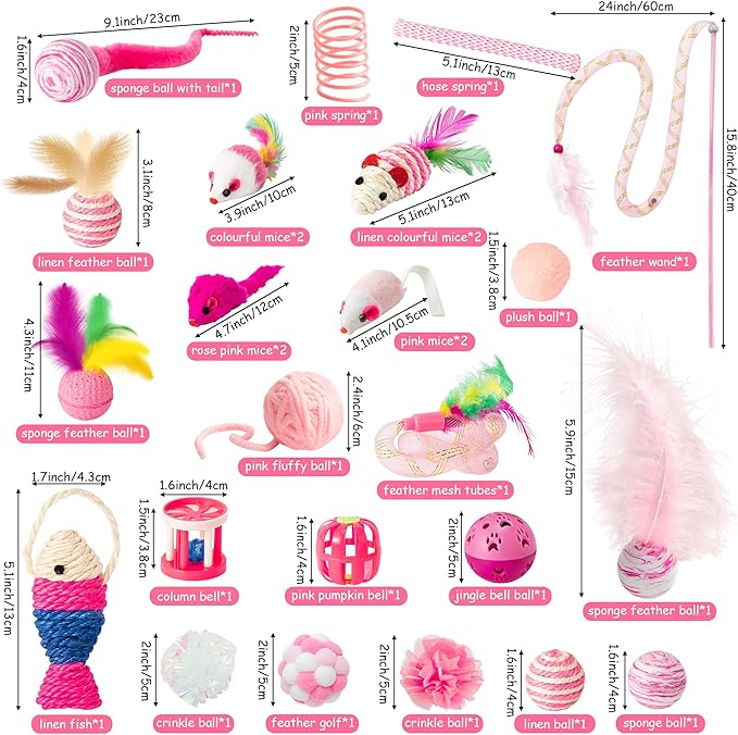 MALLMALL6 Cat Interactive Toys Set - 27Pcs Kitten Toys Stuff Pink Feather Teaser Wand Springs Mice Sisal Fish Crinkle Balls Bell Balls, Puzzle Gift Pack for Indoor Kitty Play Exercise