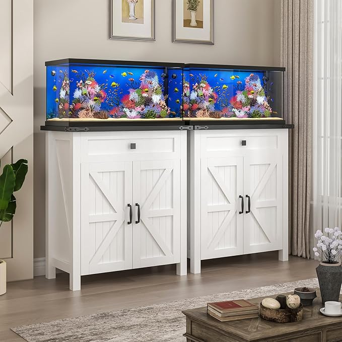 Suadism 20 Gallon Aquarium Stand With Charging Station, Farmhouse Fish Tank Stand, Reptile and Terrarium Stand with Drawer and Cabinet Storage, Sturdy Heavy Duty 27.6"15.7" - White