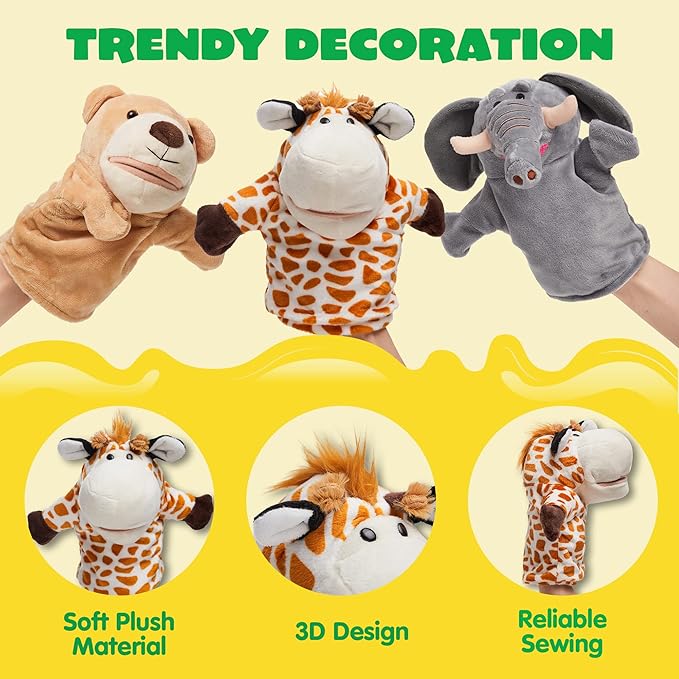 JOYIN 6Pcs Kids Hand Puppet Set with Working Mouth, Toddler Animal Plush Toy Includes Elephant, Giraffe, Lion, Bear, Raccoon and Monkey for Show Theater, Christmas Birthday Gifts for Kid Age 3+