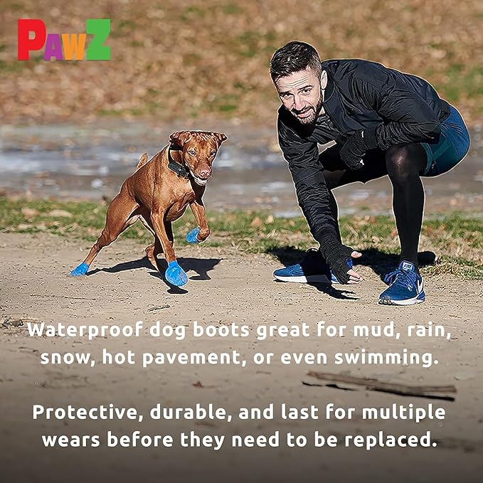 PawZ Rubber Dog Boots for Paws up to 3", 24 Total (2 Packs of 12) - All-Weather Dog Booties for Hot Pavement, Snow, Mud, and Rain - Waterproof, Anti Slip Dog Socks - Medium, Blue