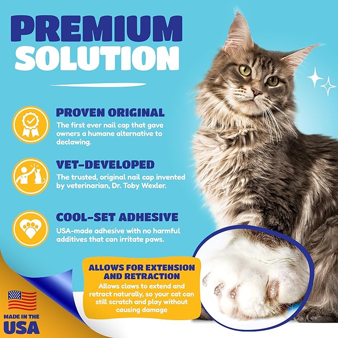 Soft Claws Cat Nail Caps for Large Cats – (40 Caps, Summer - Blue & Red) - Veterinarian-Developed | Protects Furniture & Skin - Easy to Apply, Long-Lasting Anti-Scratch Soft Cat Claw Covers