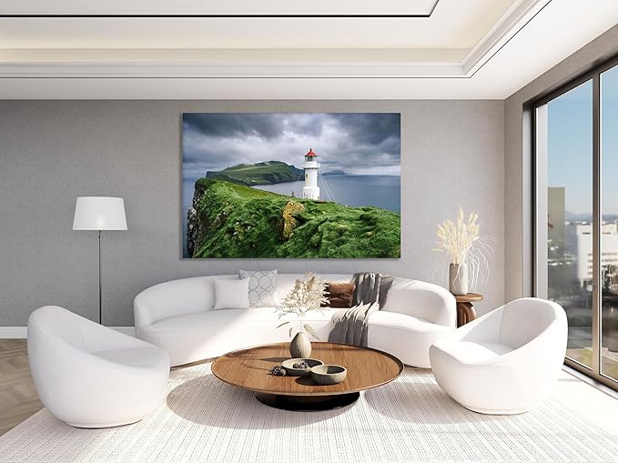 Nature Wall Art Prints - Ocean Forest Mountain Lake Canvas Landscapes - Small to Extra Large Living Room Bedroom Kitchen Bathroom Décor (Stormy Sky Lighthouse, 24L" x 36W")