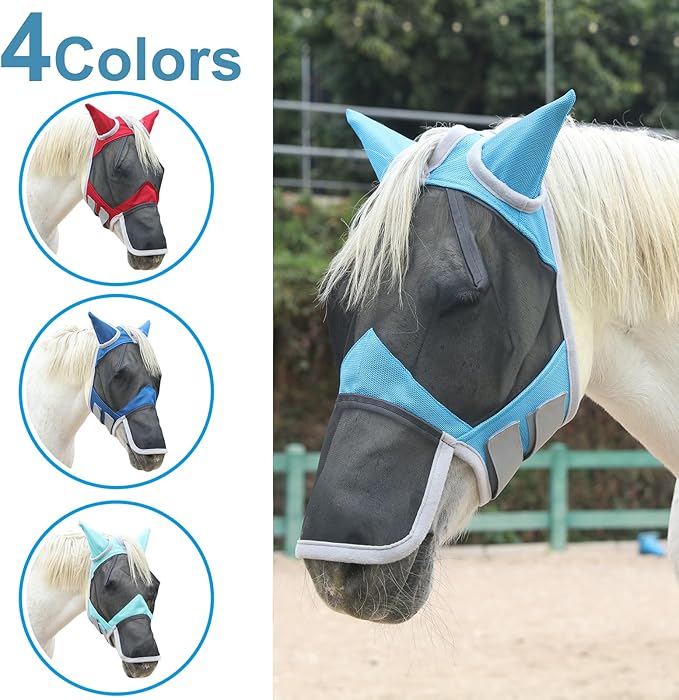 Horse Fly Mask with Ears & Long Nose Cover | Forelock Opening for Tangle-Free Mane Care | UV Protection & Breathable Mesh | No Rub Fit and Enhanced Visbility for Trail Riding Paleblue Full