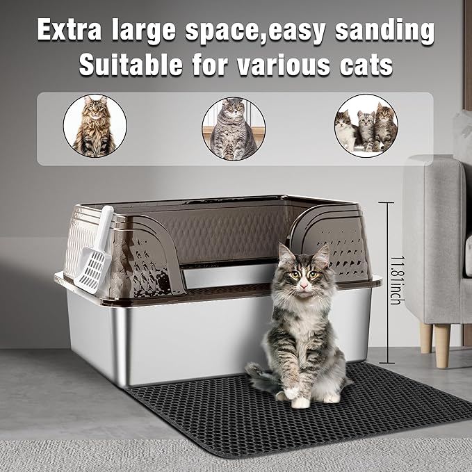 Suhaco Extra Large Stainless Steel Litter Box with Lid XXL High Sided Cat Litter Boxes Included Litter Mat & Litter Scoop Anti-Urine Leakage Metal Pet Toilet for Big Cats (Black XXL)